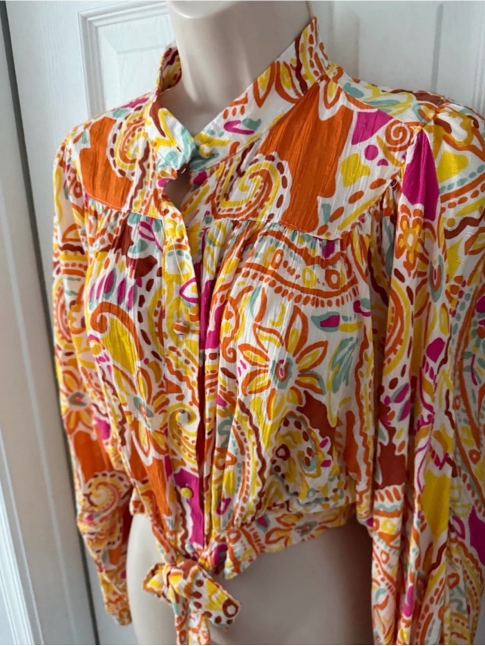 Rachel & Zoe Multicolored Paisley Tie-Front Blouse - Yellow, Orange & Pink Small